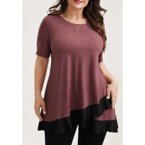 BLOOMCHIC 18-20 2X Plus Russet Contrast Overlap Round Neck Flared Top NWT B37 - Picture 1 of 9